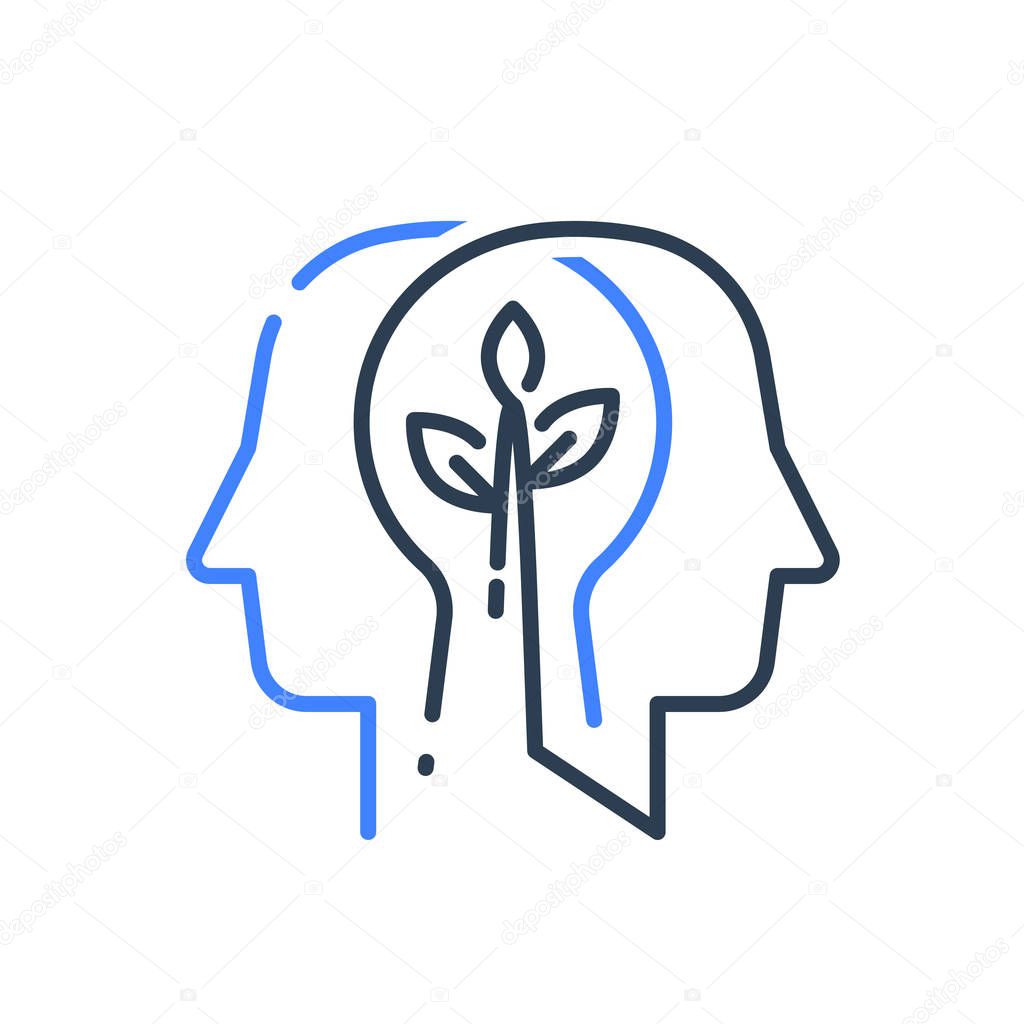 Human head profile and plant stem, cognitive psychology or psychiatry concept, mental health, brain illness, positive thinking, growth mindset, self esteem, personal development, vector line icon
