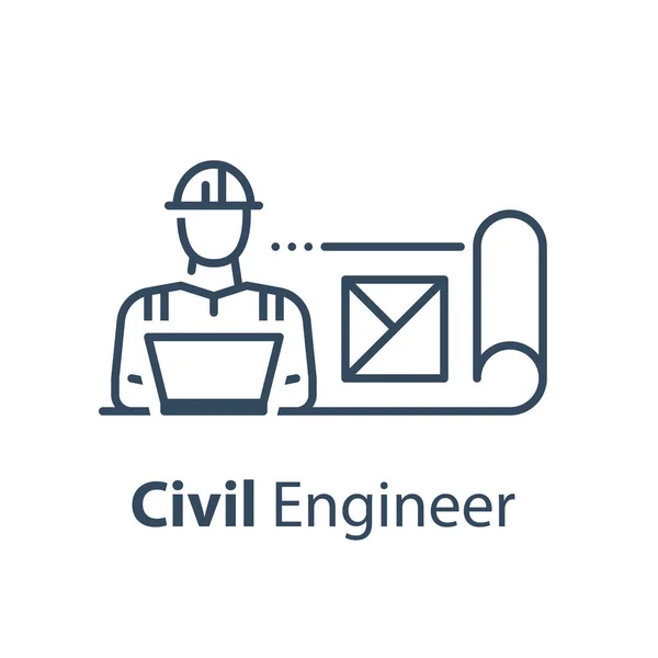 Ingeniero civil detrás de portátil, servicio de mantenimiento, rollo plano — Vector de stock