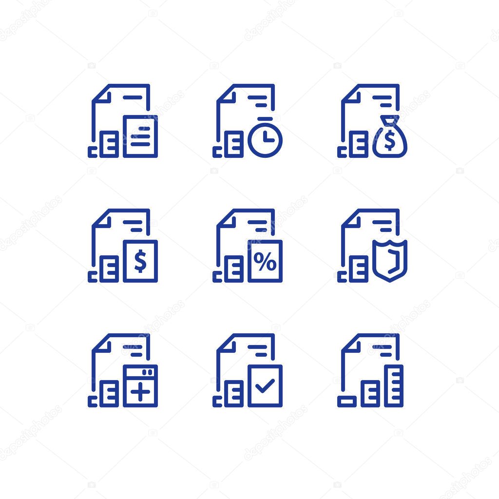 Financial services, fast mortgage loan approval, tax payment, business accounting, payment plan, insurance concept, vector line icon set