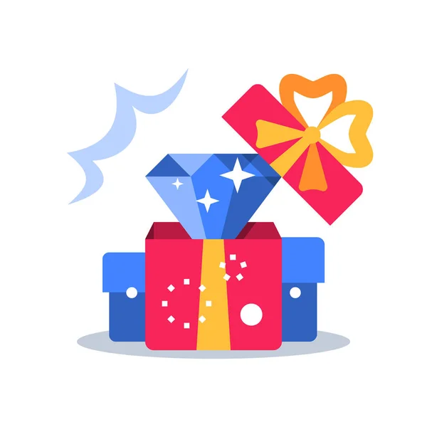 Caja abierta, regalo sorpresa y diamante, recompensa especial, obsequio de premios, regalo de lealtad, idea creativa — Vector de stock