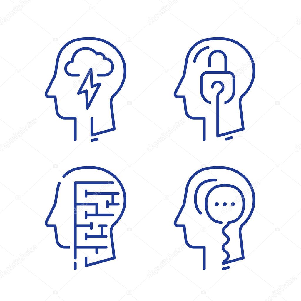 Human head profile, cognitive psychology or psychotherapy concept, mental health or disorder, critical thinking or logic game, memory training,vector line icon set