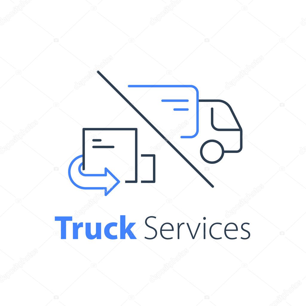 Truck delivery, transportation company, distribution service, logistics solution, load shipping, order shipment, send parcel, express relocation, vector line icon