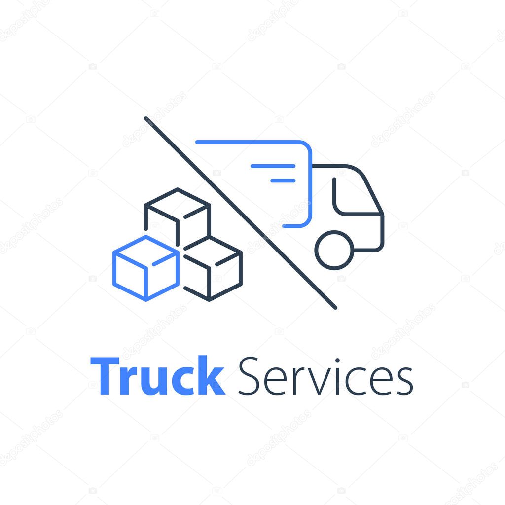 Truck delivery, transportation company, distribution service, logistics solution, load shipping, order shipment, send parcel, express relocation, vector line icon