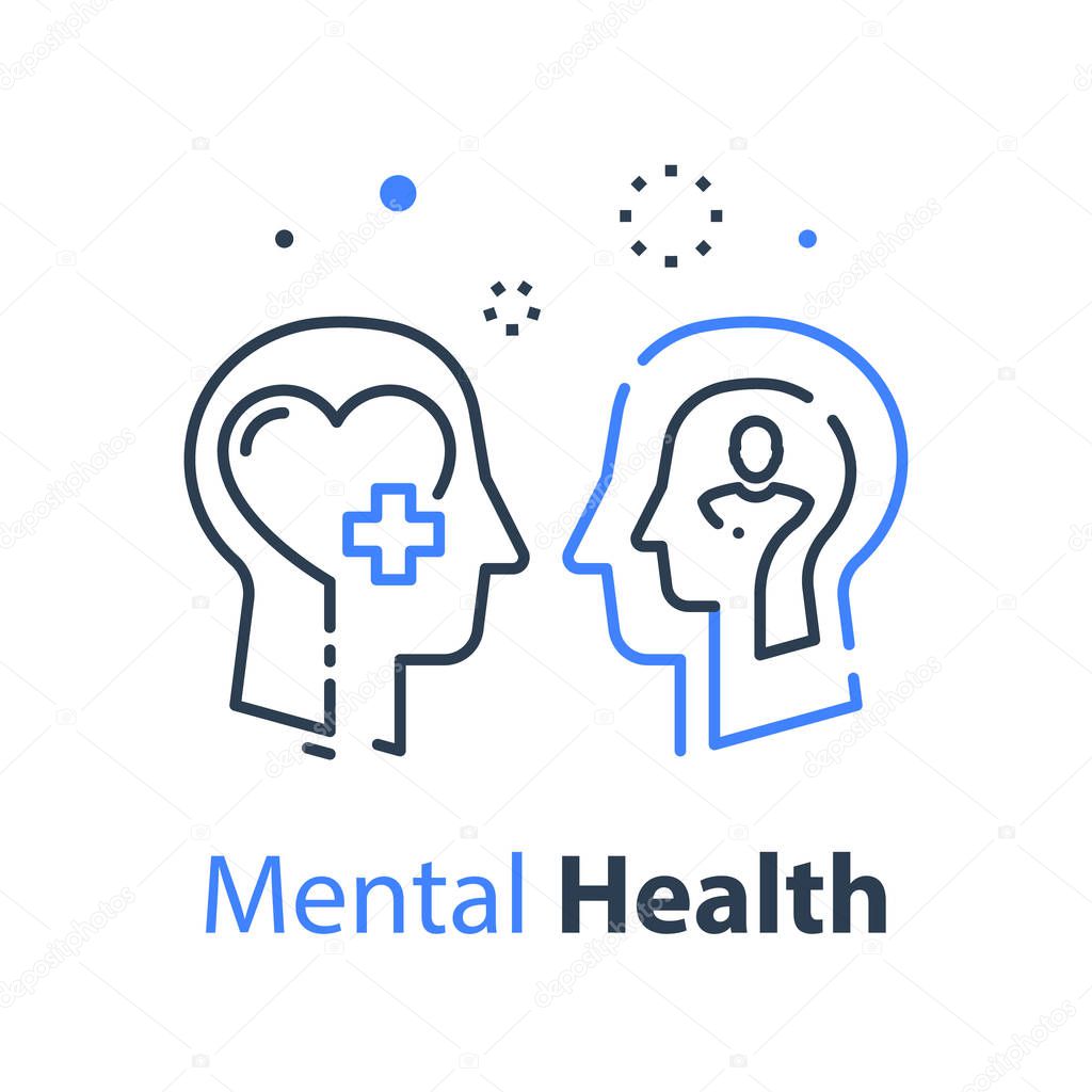 Mental health, human head, psychological help, psychiatry concept, therapy course, cognitive development, vector line illustration