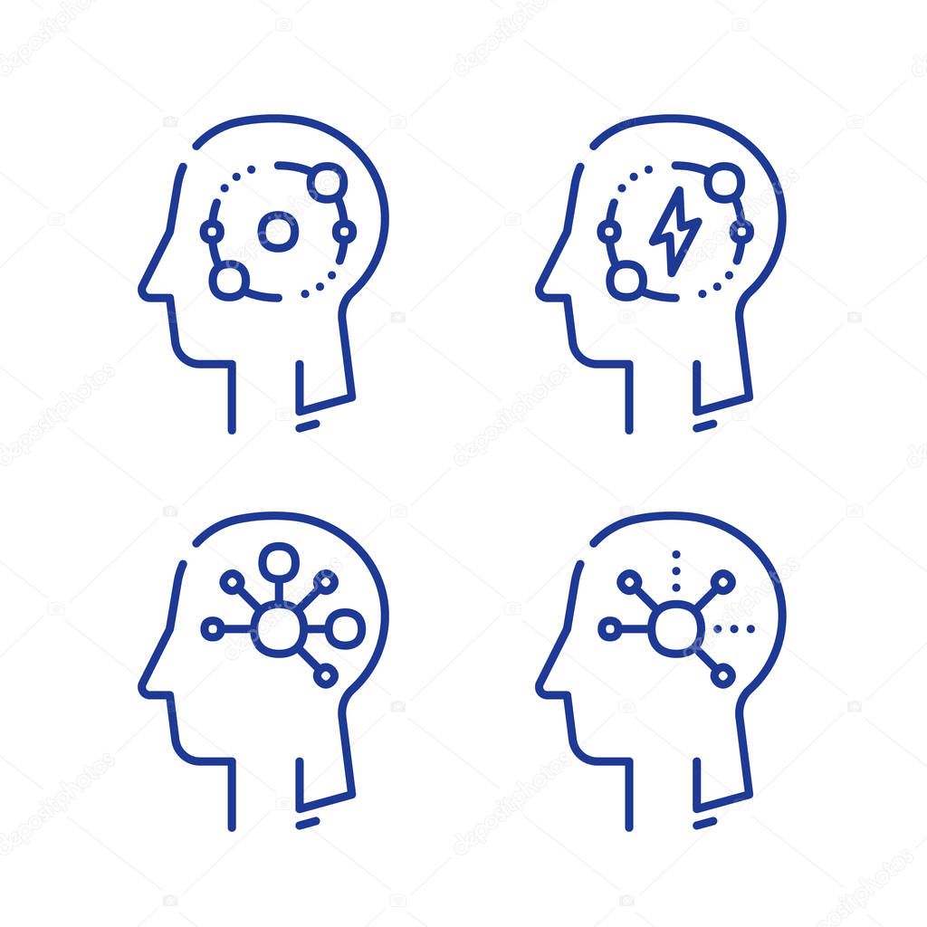 Human head profile and neurons connection net, cognitive psychology or psychotherapy, neurology concept, memory work, brain research, vector line icon set