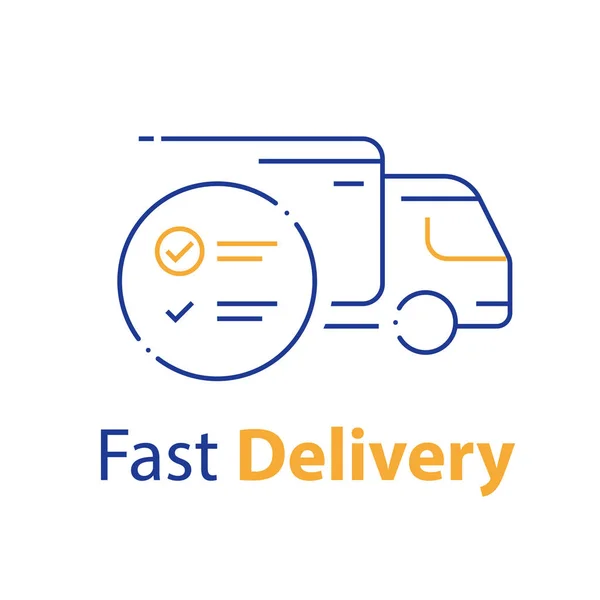 Pengiriman truk, layanan distribusi, cek daftar, pemesanan pengiriman, perusahaan transportasi - Stok Vektor