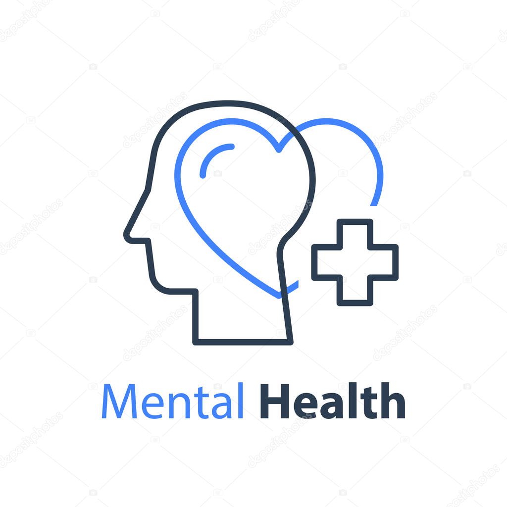 Mental health, human head, psychological help, psychiatry concept, therapy course, cognitive development, vector line icon