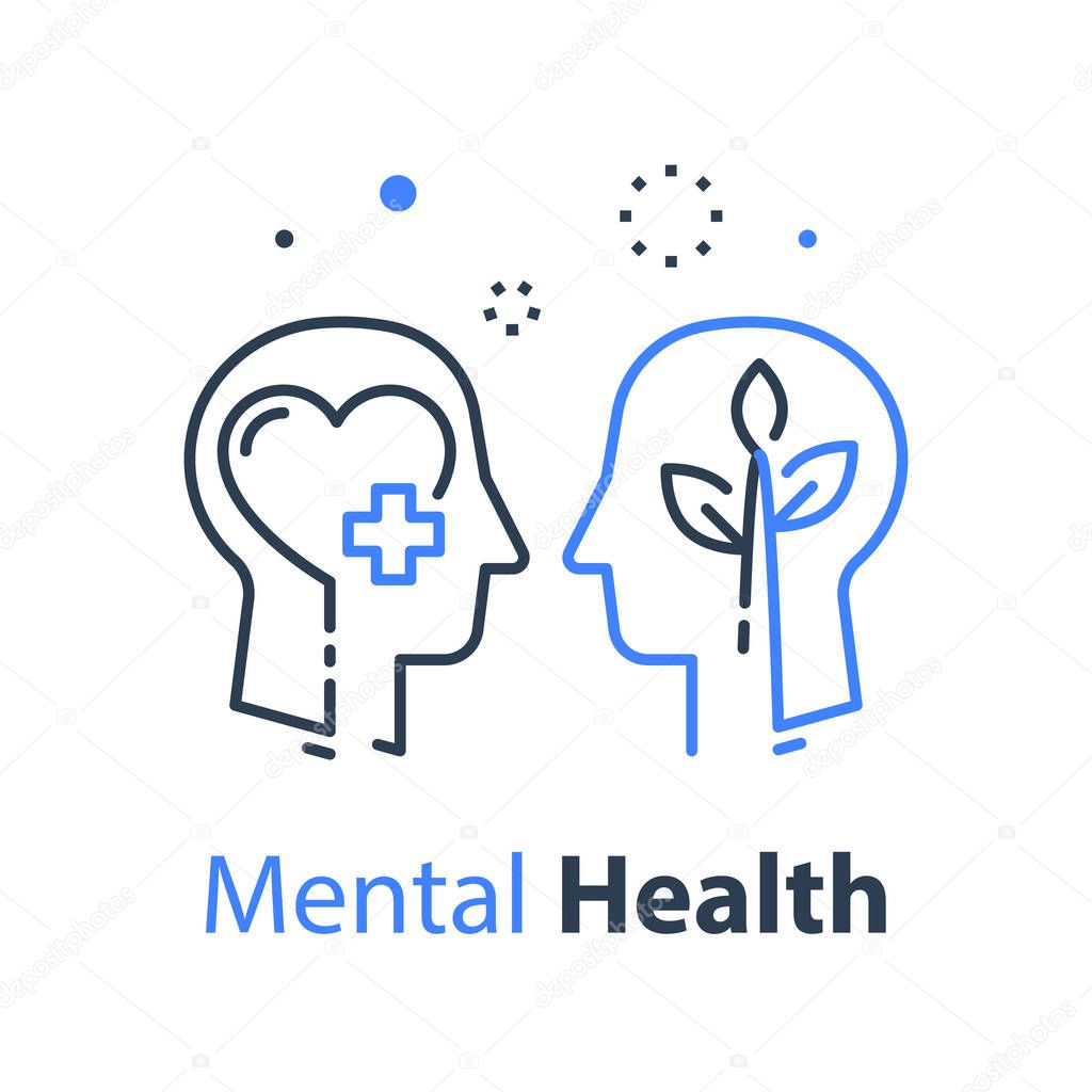 Mental health, human head, psychological help, psychiatry concept, therapy course, cognitive development, vector line illustration