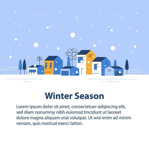 작은 마을에서의 겨울 시즌, 작은 마을 풍경, 눈덮인 하늘, 일련의 주거용 집들, 아름다운 이웃 — 스톡 벡터