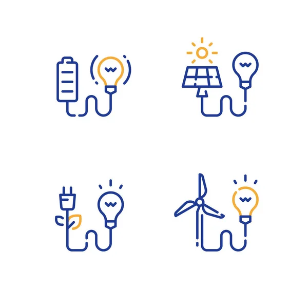Alternativ energi koncept, grön elektrisk teknik, solpanel, vindkraftverk, batteri och glödlampa — Stock vektor