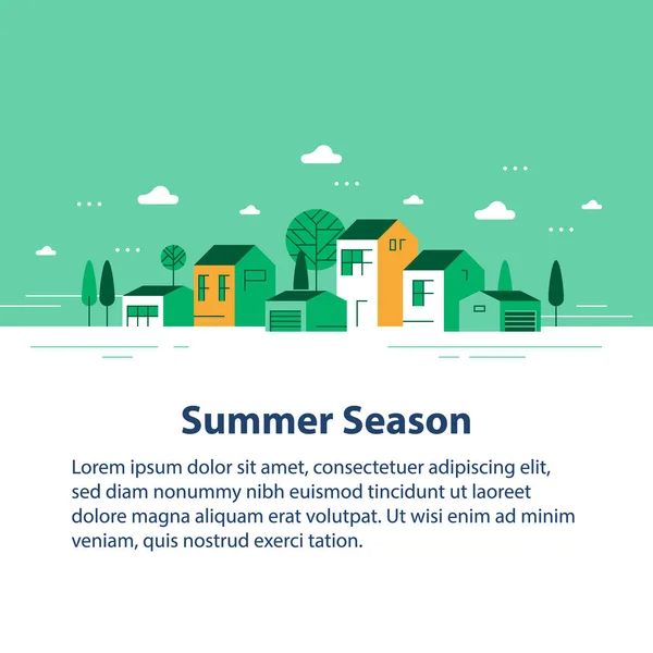 Temporada de verão em cidade pequena, pequena vista da aldeia, fila de casas residenciais, belo bairro verde —  Vetores de Stock