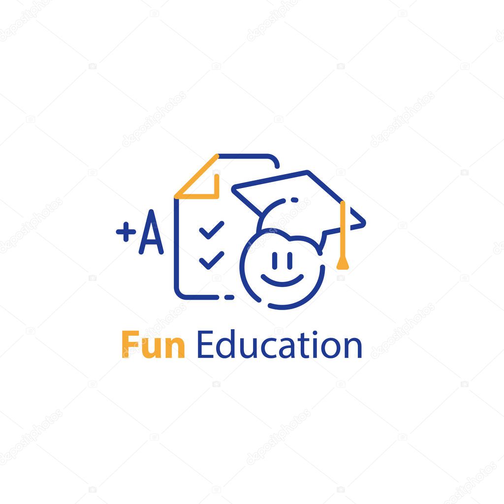 Fun education concept, emoticon and checklist, exam preparation, high score test results, check knowledge, vector line icon