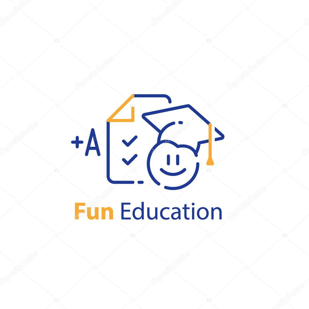 Fun education concept, emoticon and checklist, exam preparation, high score test results