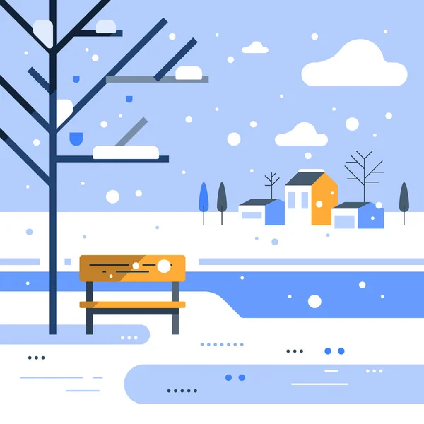 Scena del parco invernale, piccola panchina sulla riva del fiume, tempo nevoso, bella vista, gruppo di case residenziali sullo sfondo — Vettoriale Stock