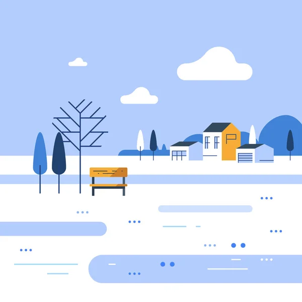 Scena del parco invernale, piccola panchina sulla riva del fiume, bella vista, gruppo di case residenziali — Vettoriale Stock