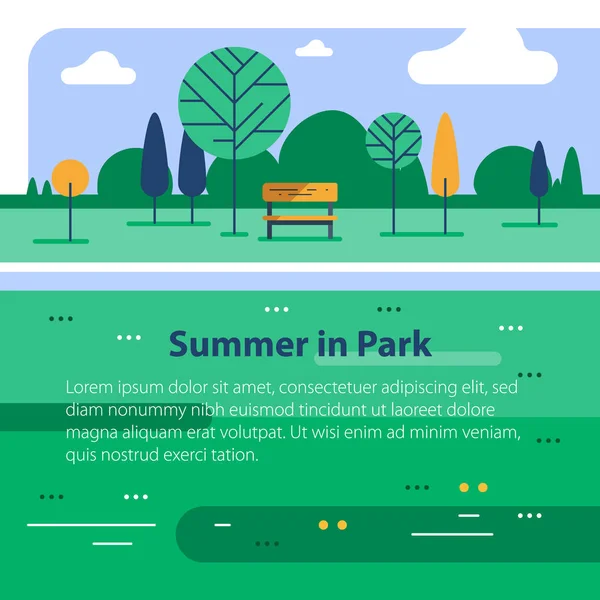 여름의 푸른 공원, 강둑에 있는 작은 벤치와 나무, 아름다운 경치 — 스톡 벡터