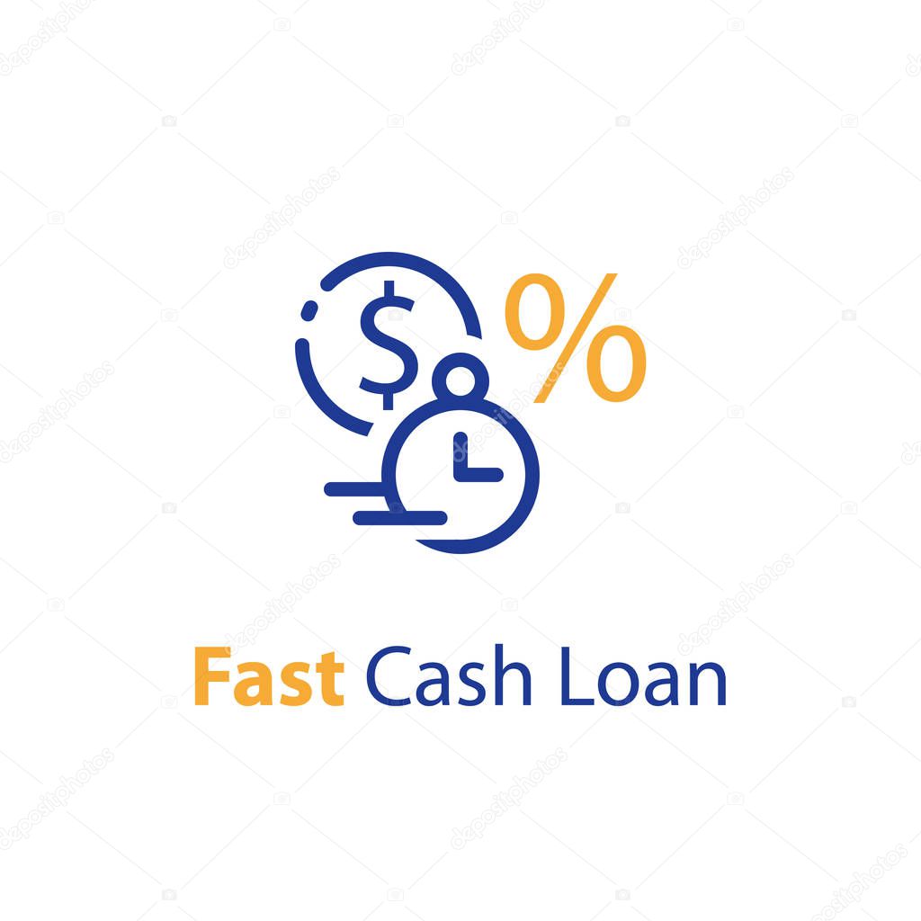 Fast cash loan, financial supply, banking service, instant money transfer, payment fee, vector line icon