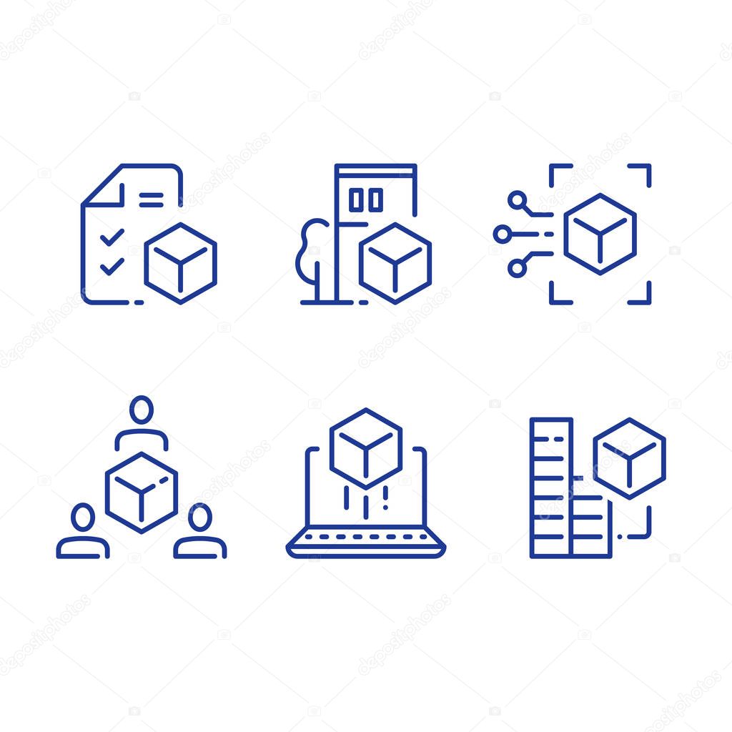 BIM concept, 3d modeling services, estate development, architecture visualization, vector line icon set
