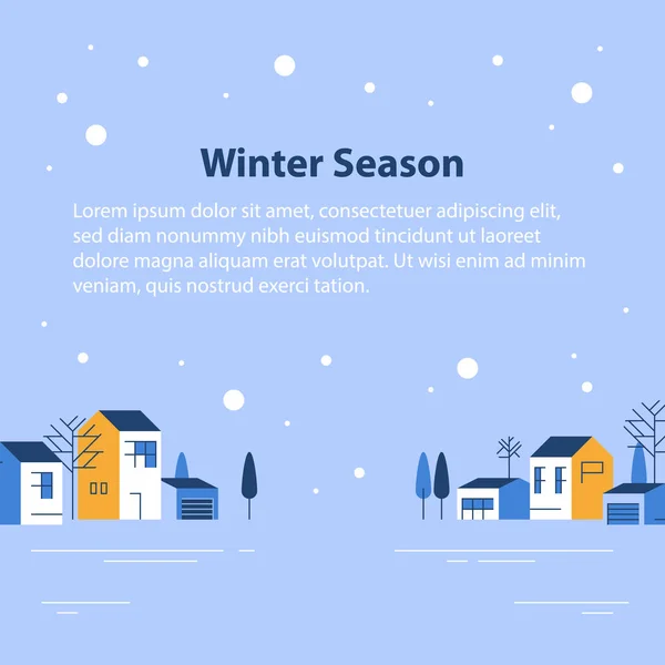 Küçük kasabada kış mevsimi, küçük köy manzarası, karlı gökyüzü, bir sürü ev, güzel komşular. — Stok Vektör