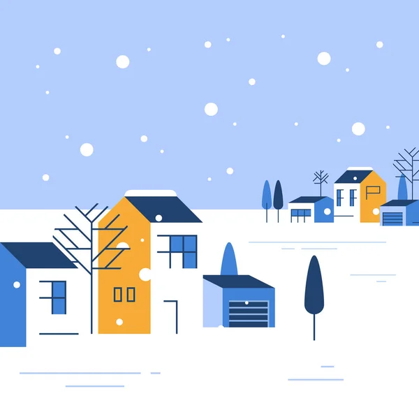 Winter season in small town, tiny village view, snowy sky, group of residential houses, beautiful neighborhood — Stock Vector