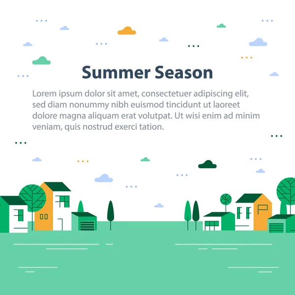 Temporada de verão em cidade pequena, pequena vista da aldeia, fila de casas residenciais, belo bairro verde — Vetor de Stock