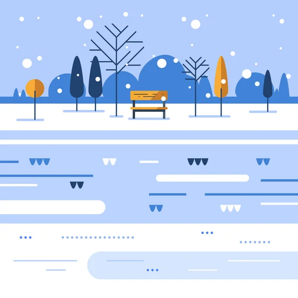 Scena del parco invernale, piccola panchina sulla riva del fiume, tempo nevoso, bella vista — Vettoriale Stock