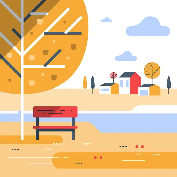 Autumn park scene, small bench at river bank, beautiful view, group of residential houses in background — Stock Vector