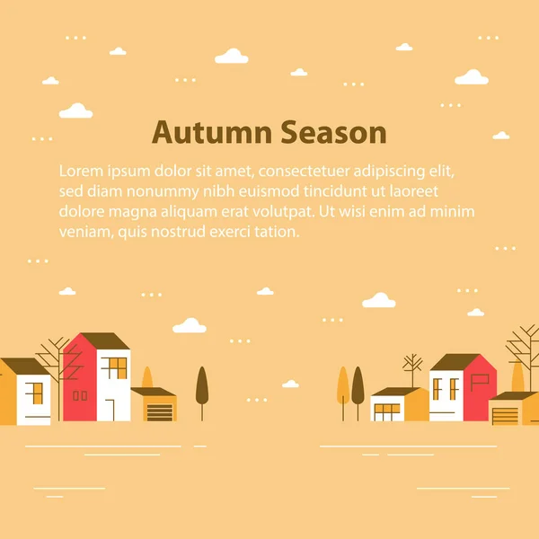 Época de outono em cidade pequena, vista minúscula da vila, fileira de casas residenciais, bairro bonito — Vetor de Stock