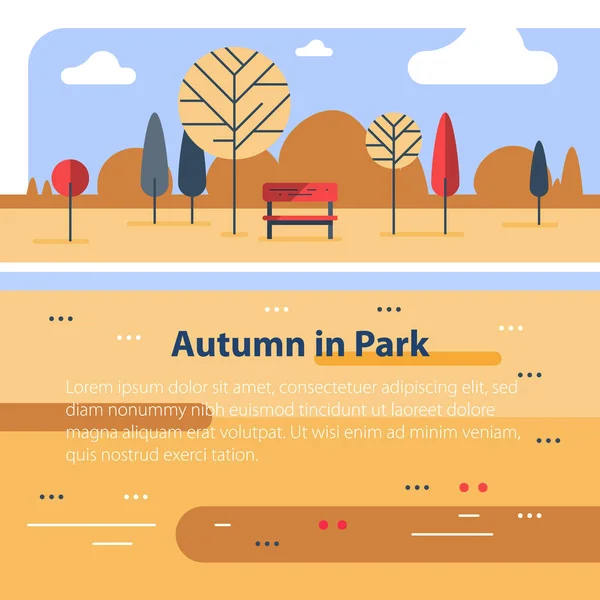 Fin automne, scène de parc colorée, petit banc au bord de la rivière, belle vue — Image vectorielle