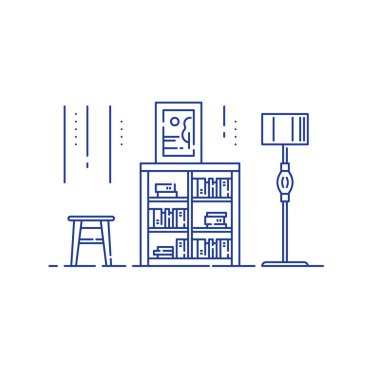 Oturma odası, mobilya, iç tasarım, asgari stil, kitaplık ve standart lamba.