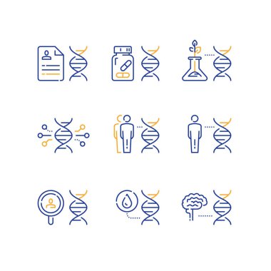 Genetik konsept, bilim araştırması, cam tüp biyoörnek büyümesi, insan beyni ve DNA