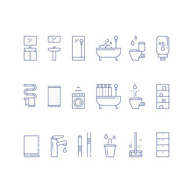 Bathroom furniture, bath curtains, toilet and bidet, water heater tank, floor map and bucket clipart