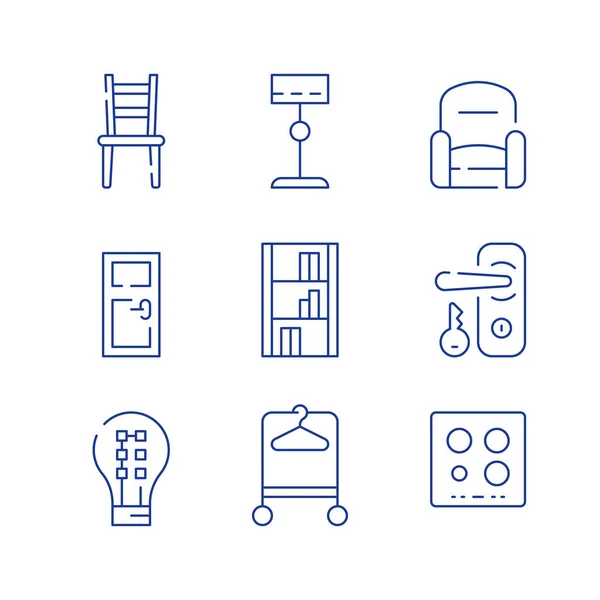 Huismeubilair, minimalistisch concept, interieur, stoel en fauteuil, deur en slot met sleutel, accessoires en decoratie — Stockvector