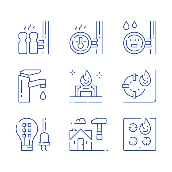 Huishoudelijke diensten, elektriciteit-efficiënte gloeilamp, waterkraan, centrale verwarming, hulpbronnenverbruiksmeter, gaskachel — Stockvector