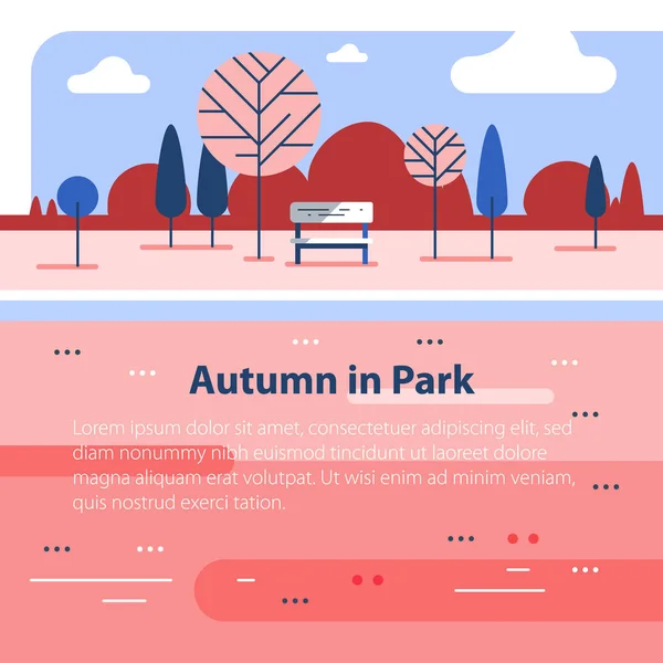 Scène de parc d'automne, petit banc au bord de la rivière, endroit romantique, belle vue — Image vectorielle
