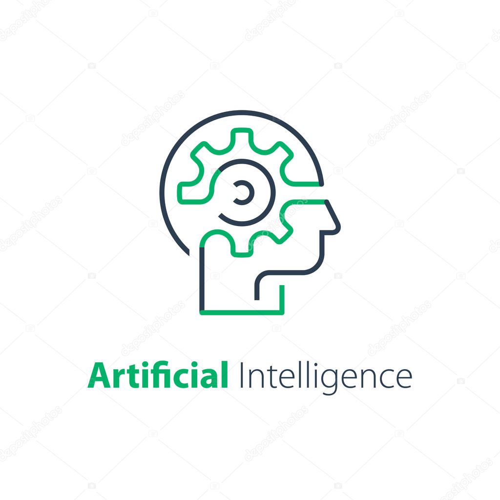 Head and cogwheel, education concept, creative thinking, technology and innovation, engineering people, vector line icon
