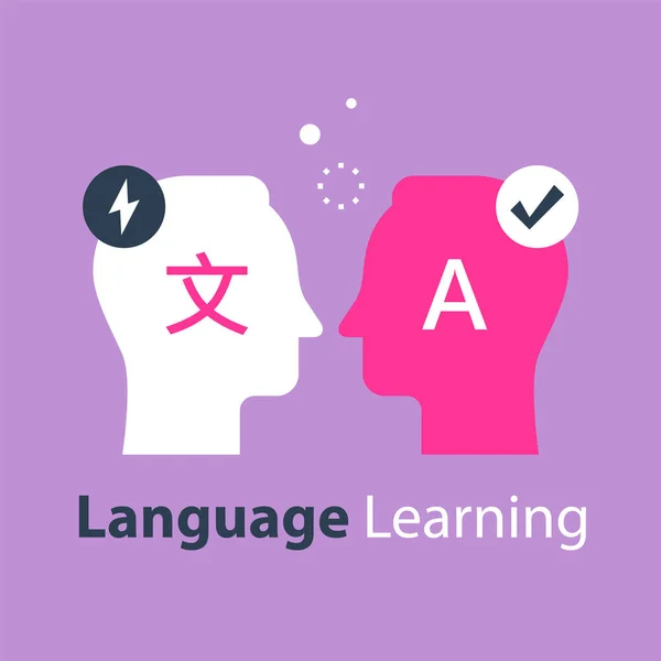 Aprendizaje de idiomas, traducir conceptos, comunicación internacional, lingüística gruesa — Vector de stock
