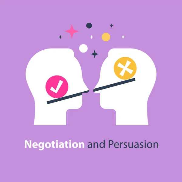 Prise de décision, supérieure à l'échelle, positive ou négative, entre les deux parties, négociation et persuasion — Image vectorielle