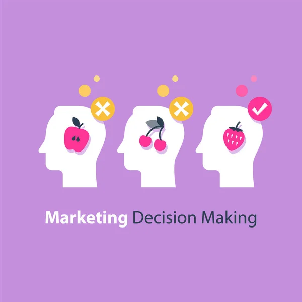 Toma de decisiones, psicología de elección, grupo focal, concepto de marketing, trampa mental, ilusión cognitiva — Vector de stock