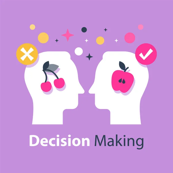 의사 결정, 선택 심리학, 포커스 그룹, 마케팅 개념, 사고 또는 편견 — 스톡 벡터