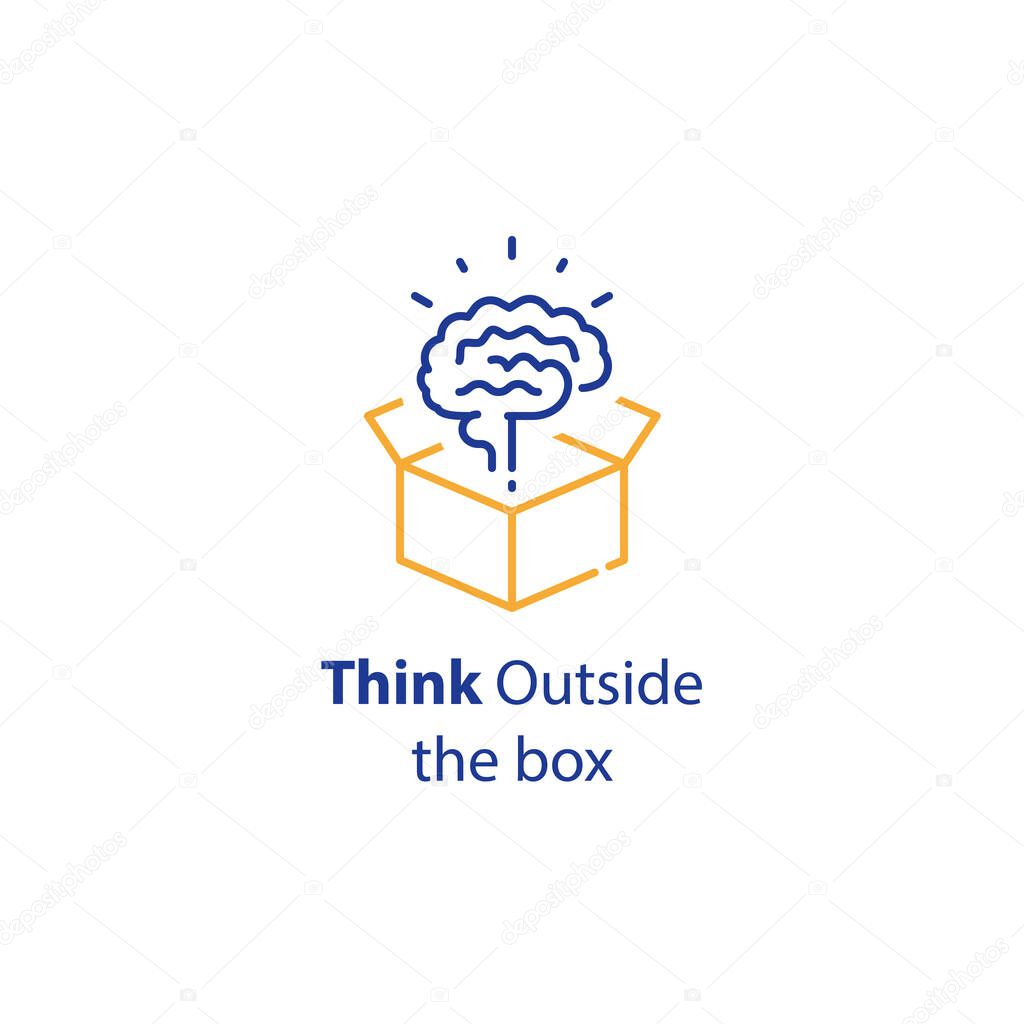 Brain and open box, creativity improvement, think outside the box, cognitive development, vector line icon