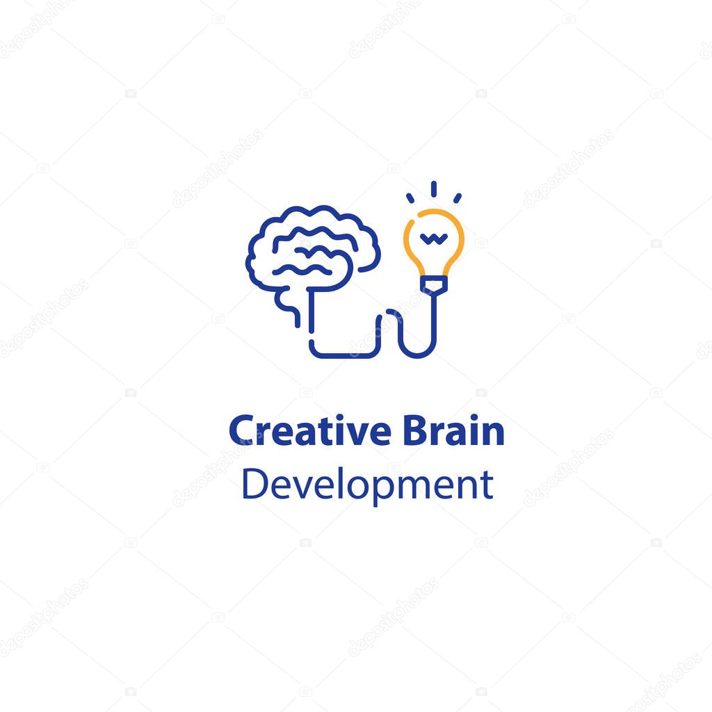 Brain and light-bulb, creativity development, smart solution, design thinking, innovative ideas, vector line icon