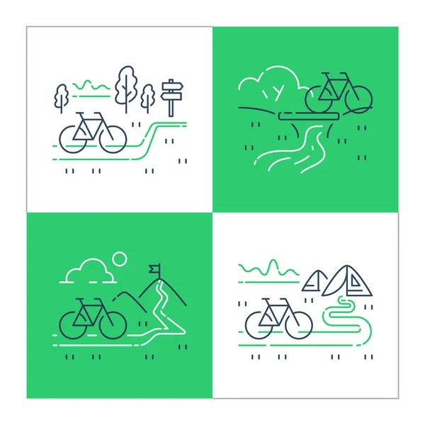 Concepto de ciclismo al aire libre y camping, paseo en bicicleta, turismo de naturaleza, tour de verano, bosque y sendero de montaña — Vector de stock