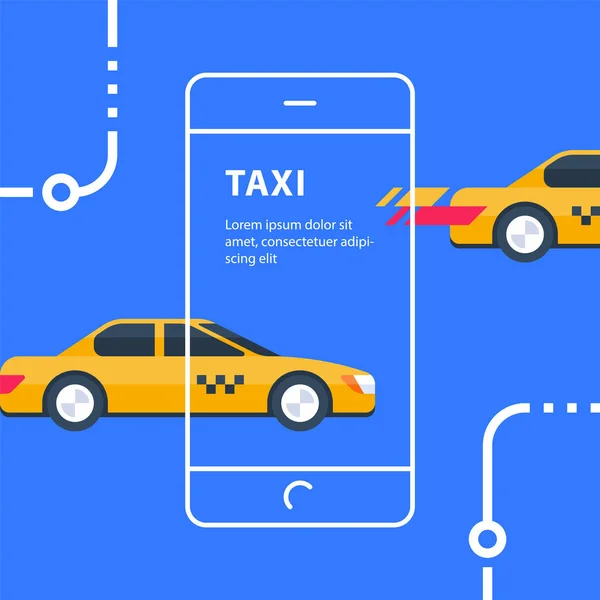 Жовте таксі на синьому фоні, автотранспорт, прокат автомобілів, банер мобільних додатків — стоковий вектор
