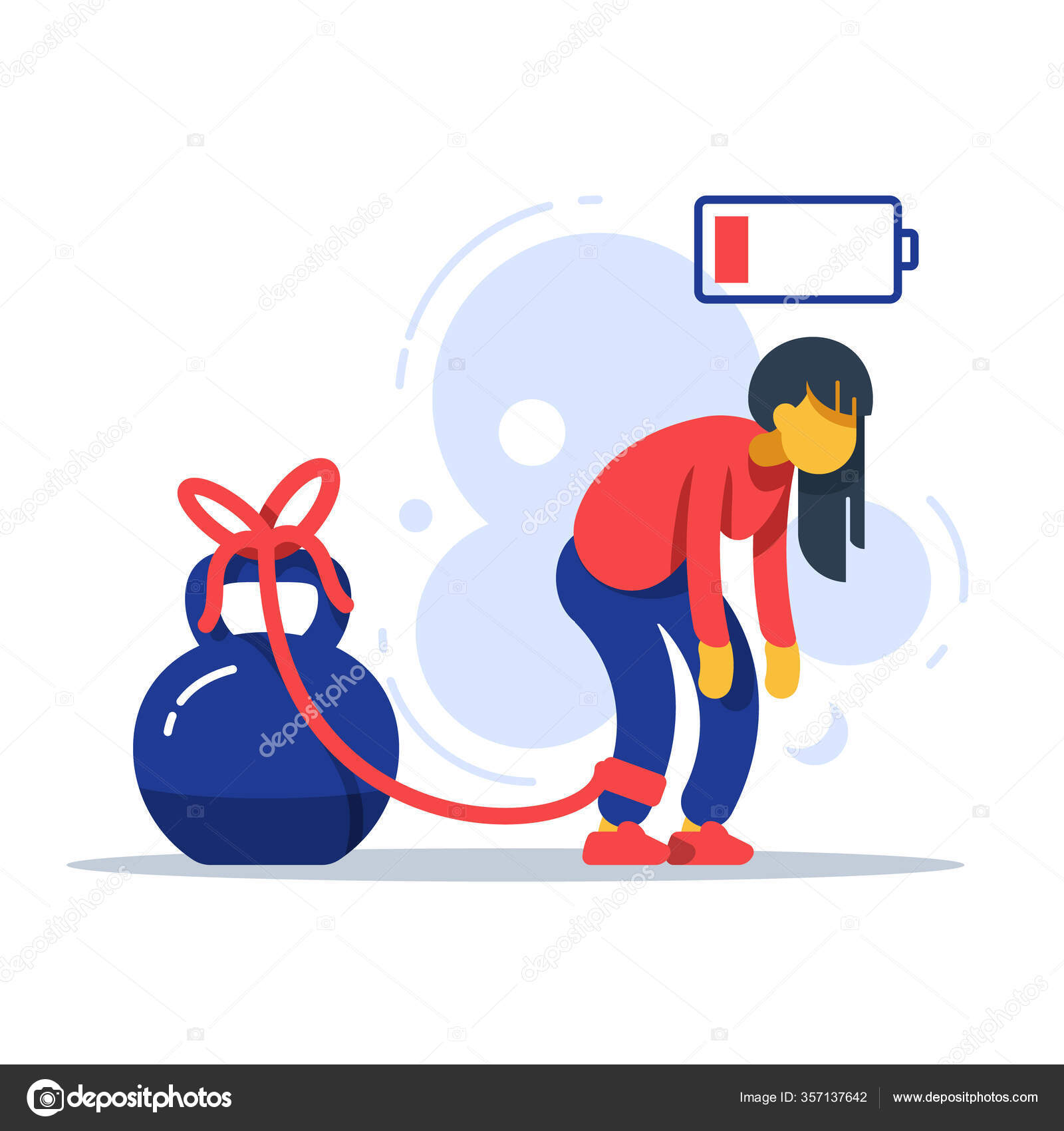 Tired woman tied to kettlebell, exhausted girl, female character