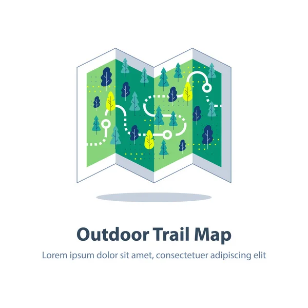 Mapa de caminhadas dobrado, trilha florestal, jogo de orientação, paisagem com colinas e árvores, trilha ecológica — Vetor de Stock