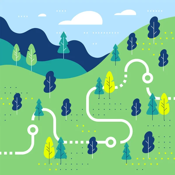 Пішохідна карта, лісова стежка, бігова або велодоріжка, орієнтована гра, пишний пейзаж з пагорбами та деревами — стоковий вектор