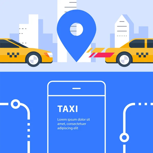 タクシー、自動車輸送サービス、レンタカー、都市交通、地図ポインタと都市の通りを注文する — ストックベクタ
