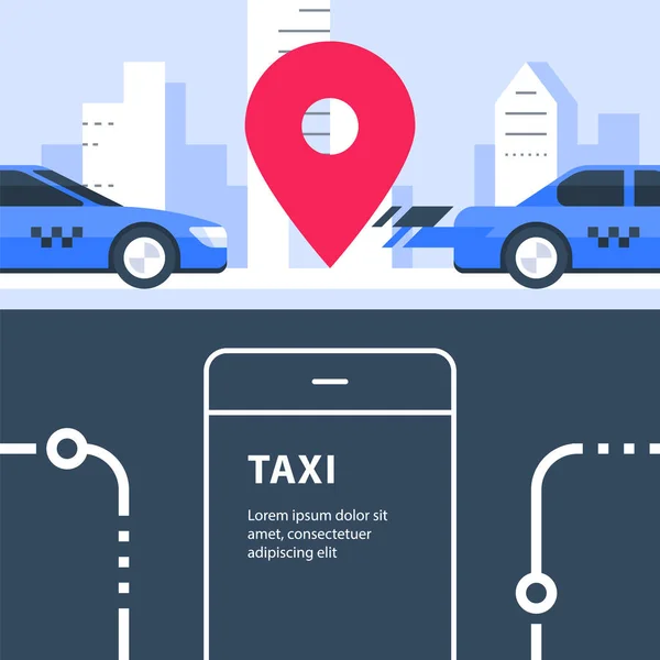Заказ такси, автотранспорт, прокат автомобилей, городской трансфер, указатель на карту и улица — стоковый вектор
