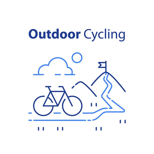 Concepto de ciclismo al aire libre, paseo en bicicleta, turismo de naturaleza, tour de verano, sendero cuesta arriba, bicicleta de montaña — Archivo Imágenes Vectoriales